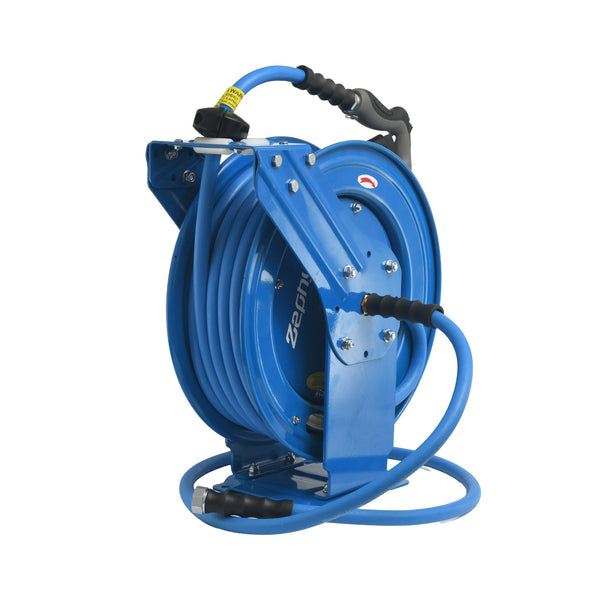 Zephyr Auto-Retractable Heavy-Duty Water Hose Reel (10mm/3/8") with Premium Rubber Hose and 8-Mode Water Spray Gun – Blue