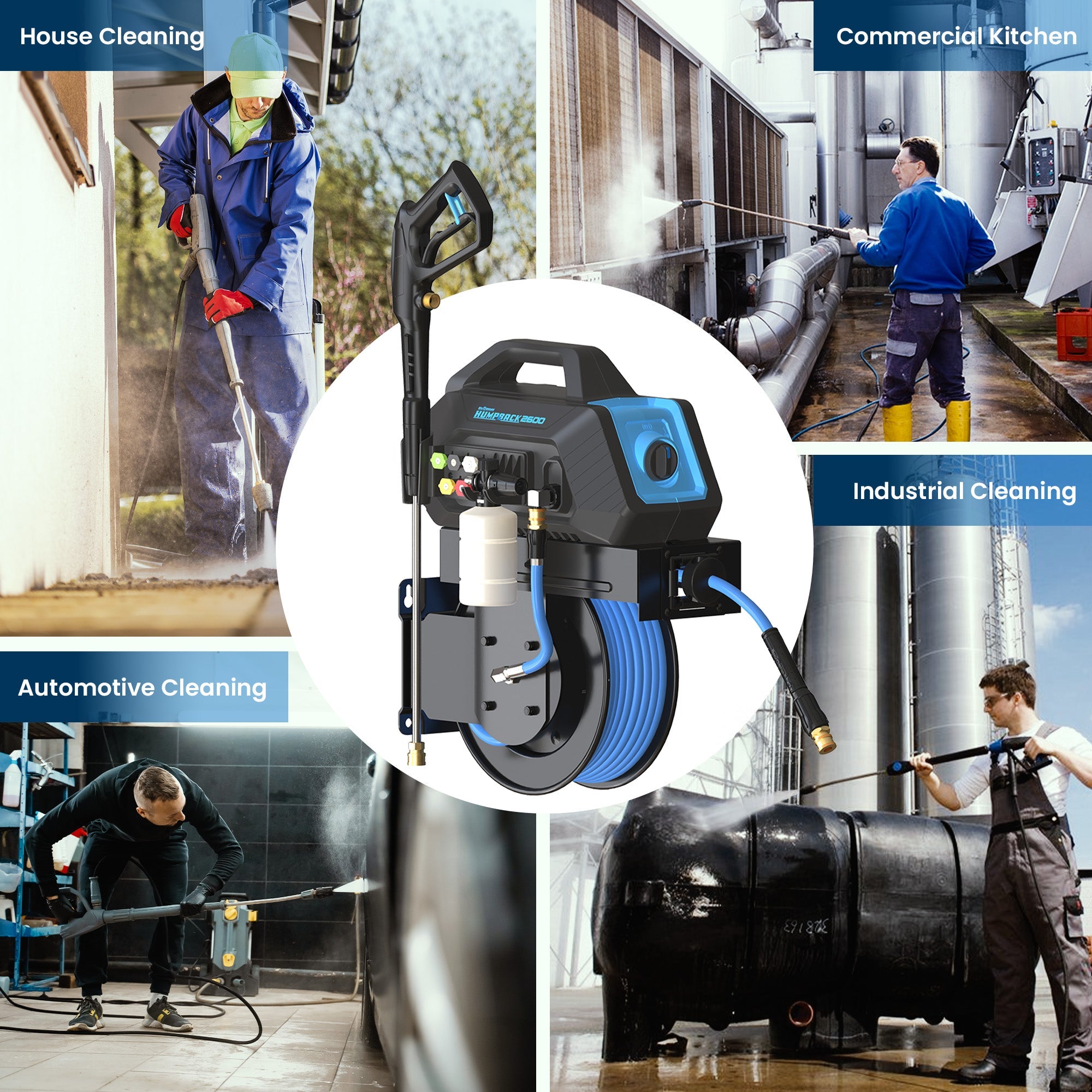 BluShield HumpBack 2600PSI All-in-One Pressure Washer System, Auto-Retractable Hose Reel, Industrial Pump, Accessories