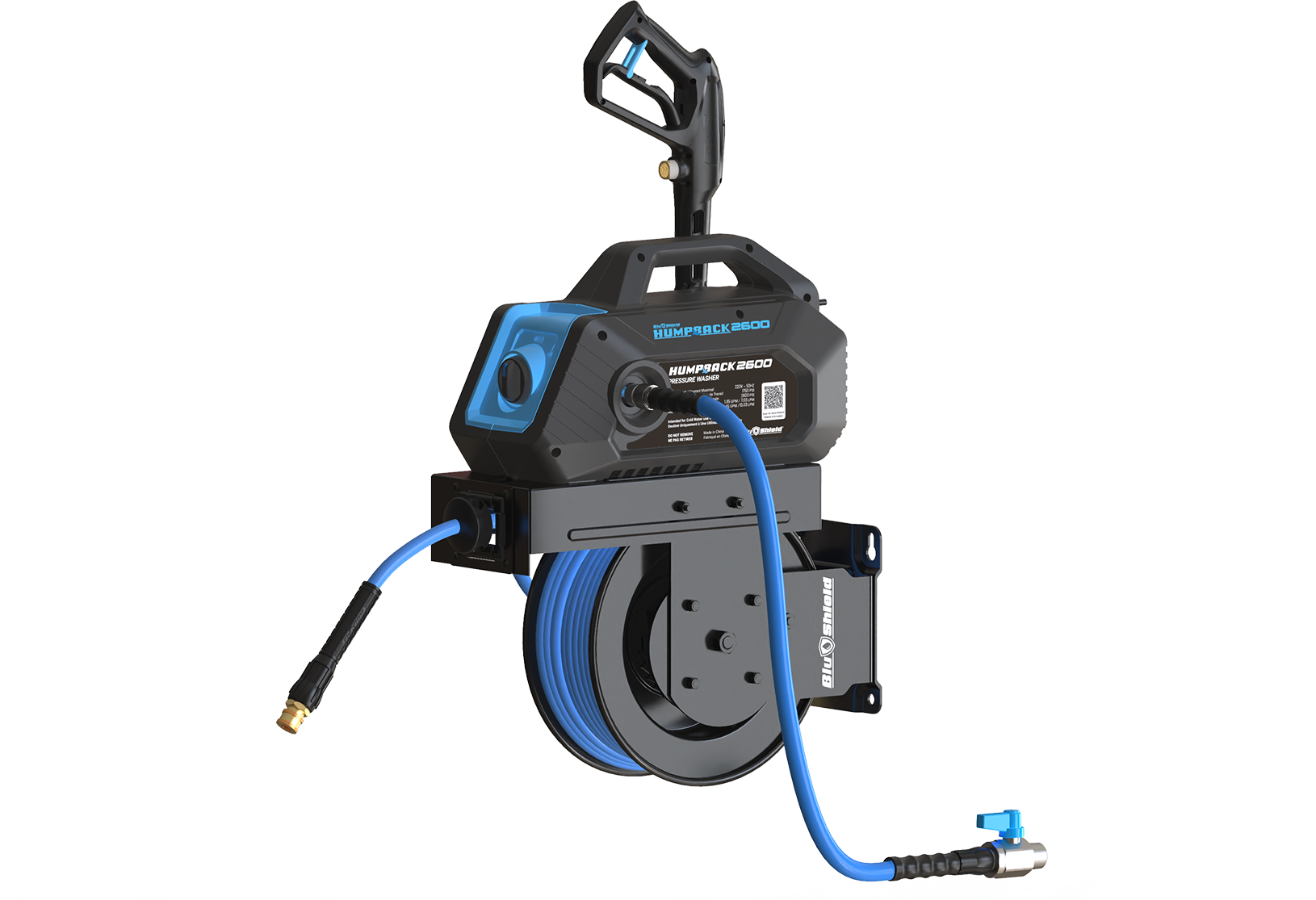 BluShield HumpBack 2600PSI All-in-One Pressure Washer System, Auto-Retractable Hose Reel, Industrial Pump, Accessories
