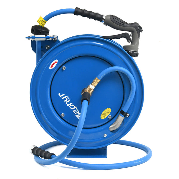 Zephyr Auto Retractable Heavy Duty Hose Reel 10mm/ 1/2" with Rubber Hose, 8 Mode Spray Nozzle - Blue