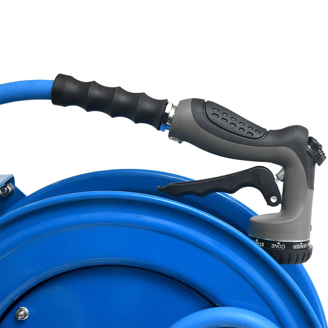 Zephyr Auto Retractable Heavy Duty Hose Reel 10mm/ 1/2" with Rubber Hose, 8 Mode Spray Nozzle - Blue