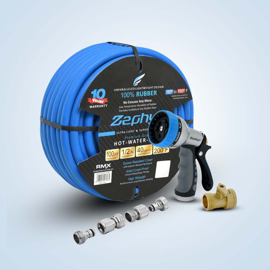 Combo of Zephyr Next-Gen Rubber Water Hose 1/2" (13MM) with All Kits – Perfect for Complete Setup