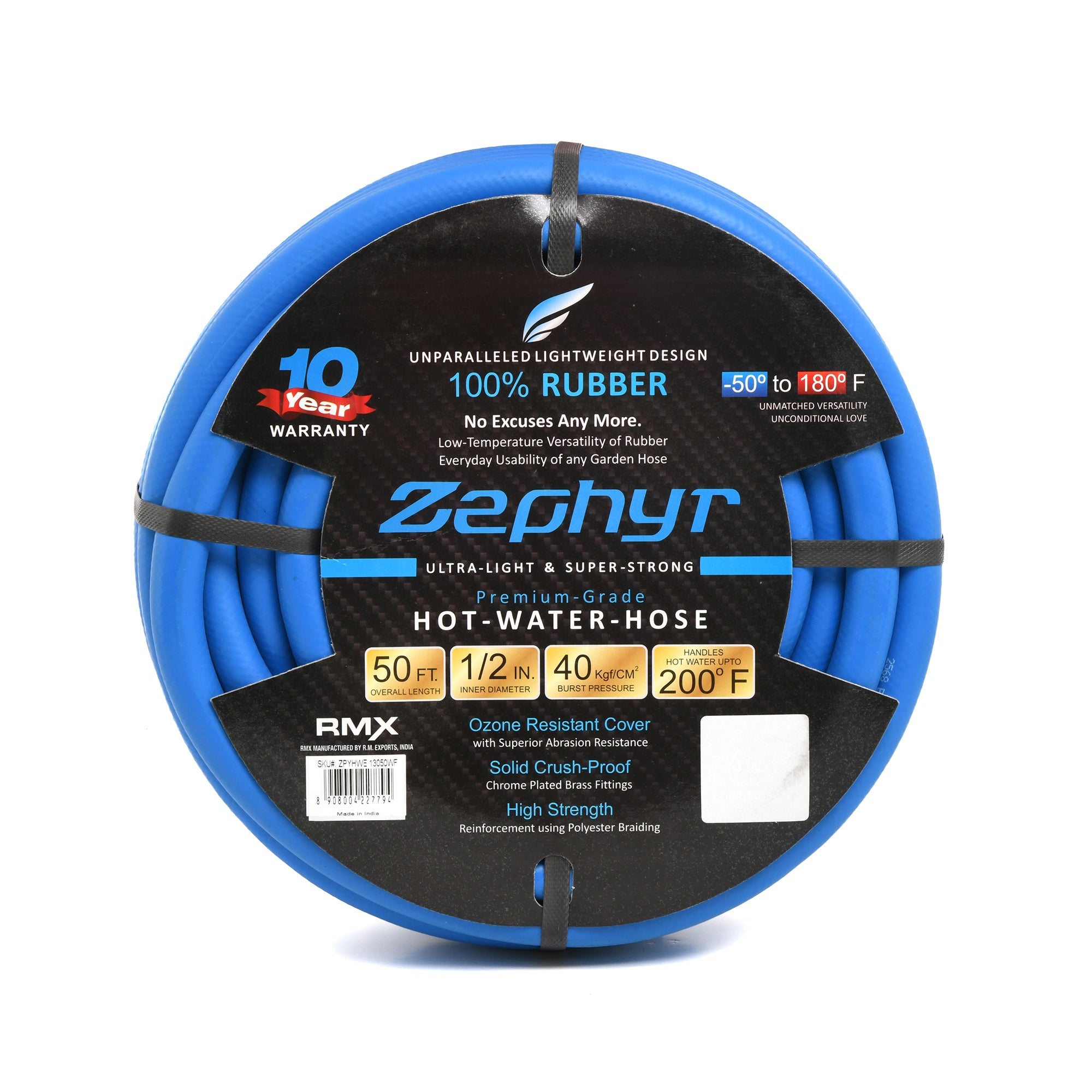 Zephyr Next-Gen Rubber Garden Hose (1/2" x 50ft, Blue) – Ultra-Light and Flexible, No Fittings