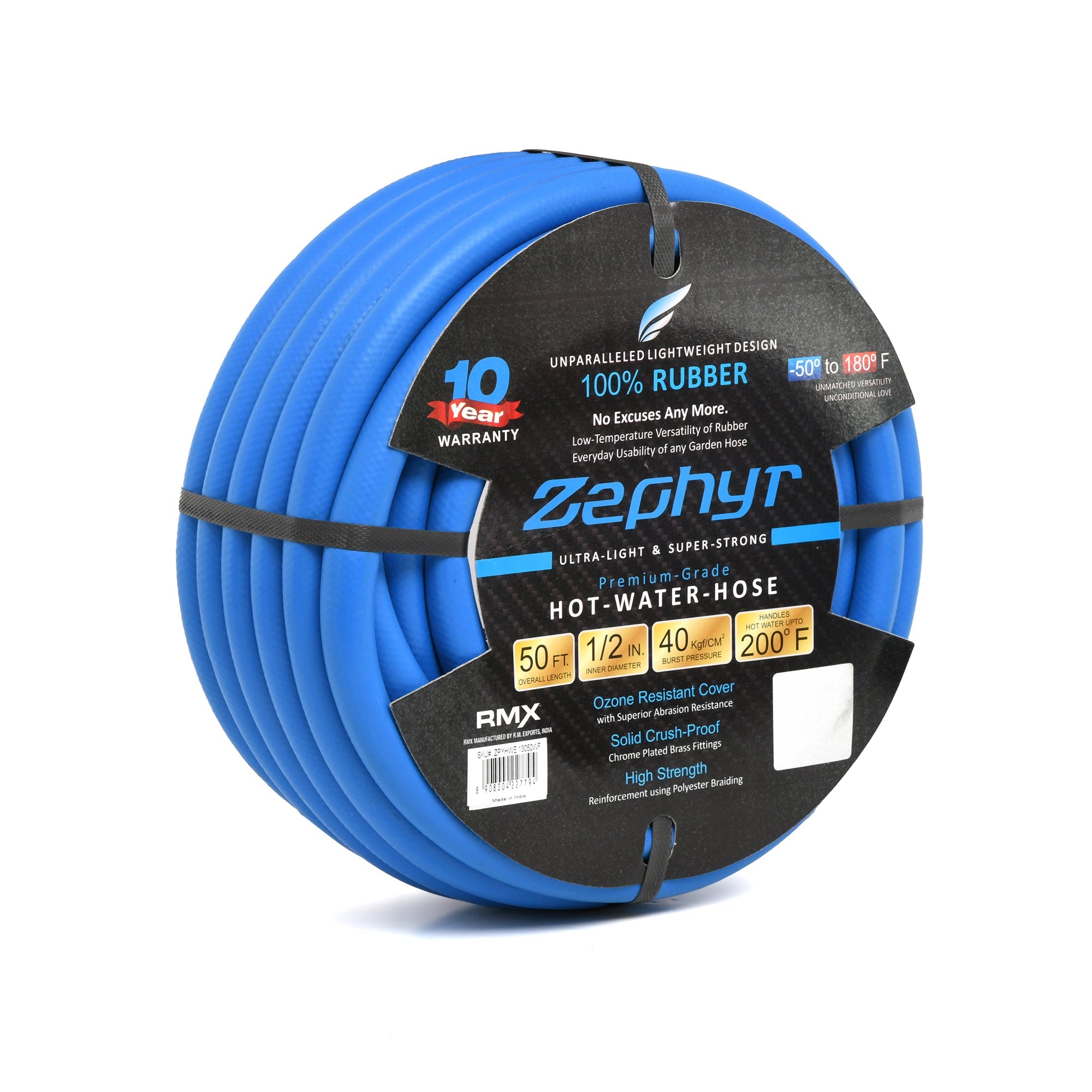 Zephyr Next-Gen Rubber Garden Hose (1/2" x 50ft, Blue) – Ultra-Light and Flexible, No Fittings