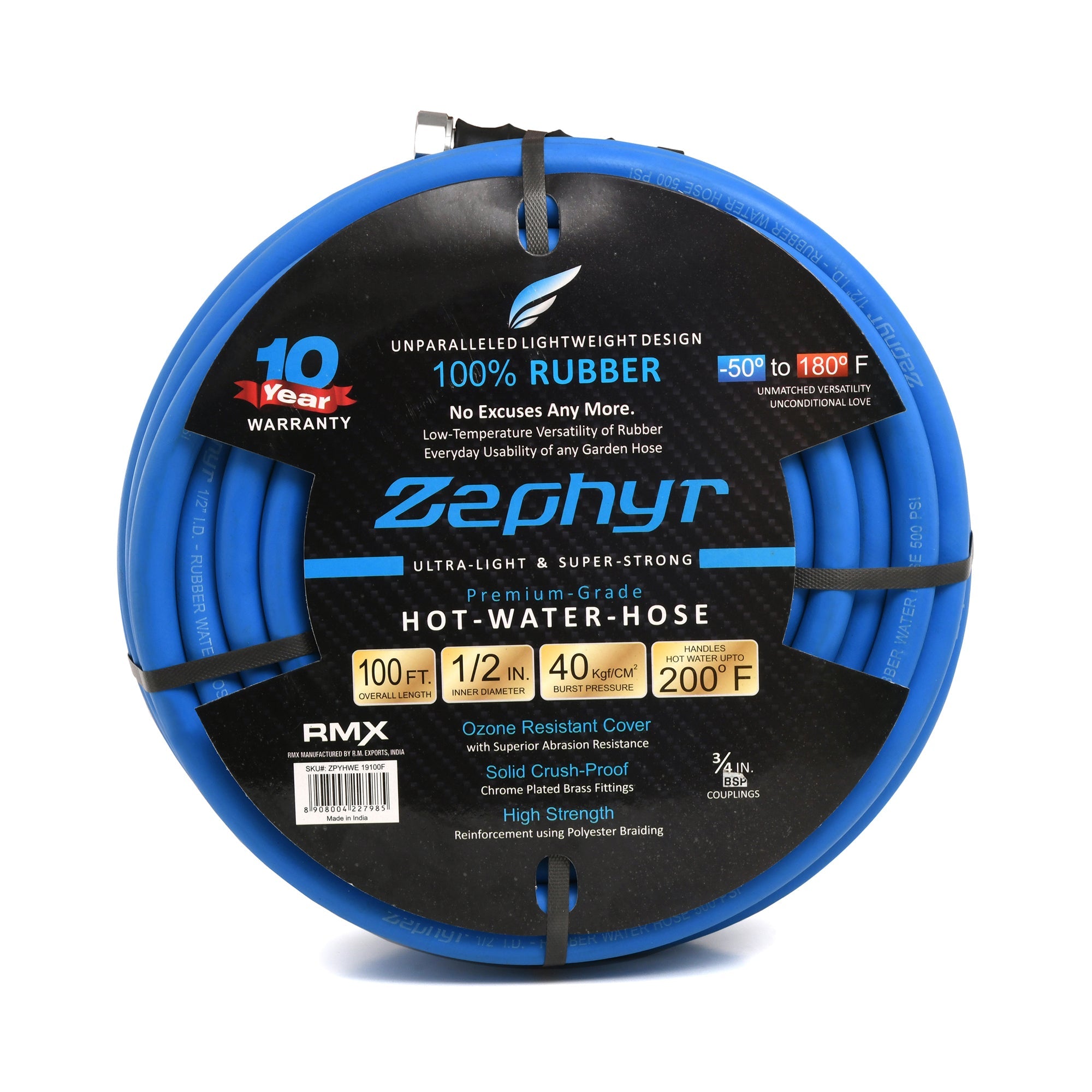 Zephyr Next-Gen Garden Hose (1/2" x 100ft, Blue) – Ultra-Light Rubber with Brass Fittings