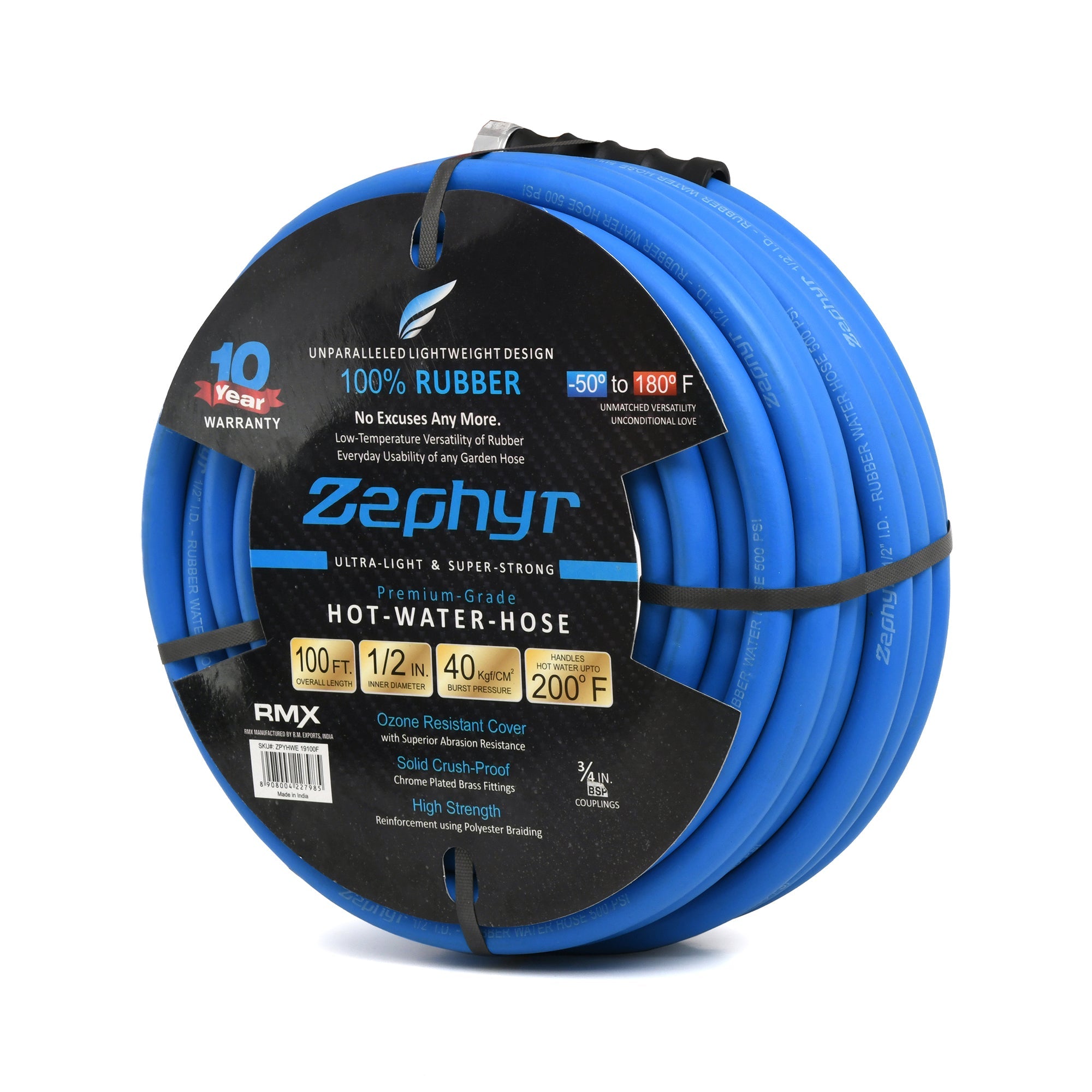 Zephyr Next-Gen Garden Hose (1/2" x 100ft, Blue) – Ultra-Light Rubber with Brass Fittings