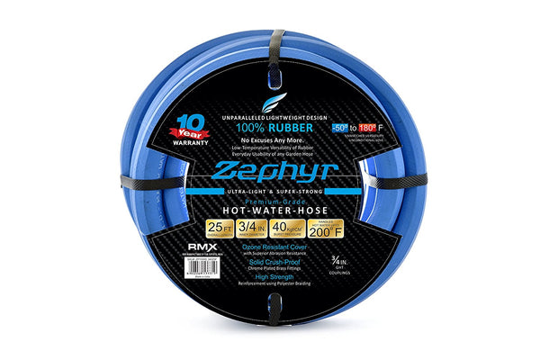 Zephyr Next-Gen Rubber Garden Hose (3/4" x 25ft, Blue) – Brass-End Fittings & 10-Year Warranty