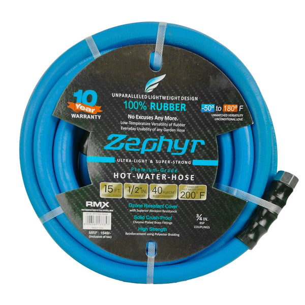 Zephyr Next-Gen Garden Hose (1/2" x 15ft) – Ultra-Light Rubber with Brass Fittings, Blue